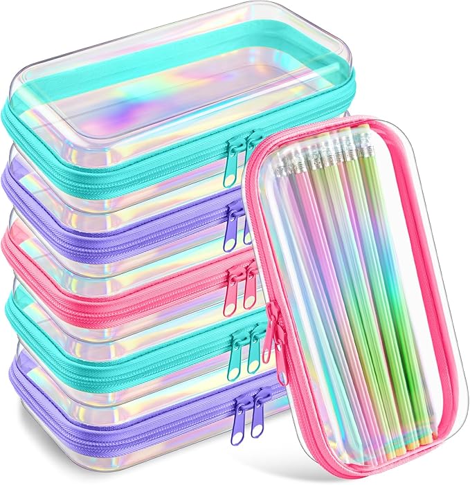 Sanwuta 6 Pcs Clear Hard Zipper Case Plastic Zipper Pouches Transparent Makeup Bag Pencil Case Pouches Toiletry Diaper Bag for Travel Toy Storage Organizer Bins(Holographic,7.48 x 3.94 x 2 Inch)
