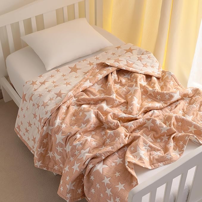 NTBAY 3 Layer Toddler Blanket, Muslin Cotton Jacquard Bed Blankets, Lightweight Thermal Baby Blanket, Super Soft and Warm Crib Blanket for All Seasons, Decoration Gift, 45"x60", Pale Orange Star