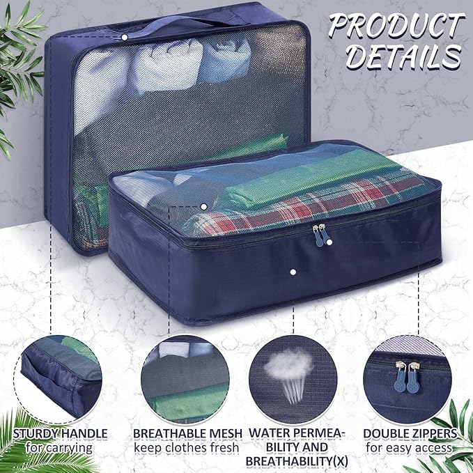 Silkfly 12 Pcs Packing Cubes for Suitcase Travel Luggage Bags Bulk Mesh Organizer Set for Hiking Camping Backpacking Clothes Accessories (Navy Blue,XL, L, M Size)