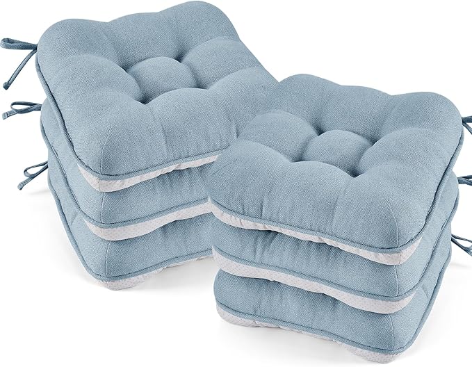 BETU Chair Cushions for Dining Chairs Set of 6,3.5" Thick Kitchen Table Chair Pads with Ties,Non Slip Backing and Covers, Seat Cushion for Dining Room,Bar,Patio Chairs,16"X16"X3.5",Smoky Blue