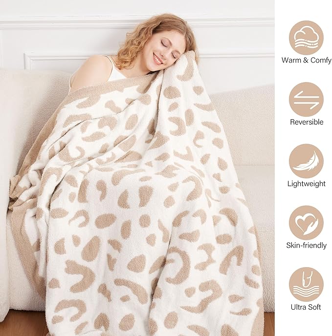 SeaRoomy Leopard Throw Blanket, Khaki Knit Blanket, Warm Fluffy Reversible Lightweight Cheetah Soft Cozy Throw Blankets for Couch Bed (50"x70")