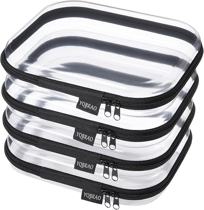 YQBRA 4 Pack Clear Hard Shell Zipper Case, See-Through Hard Plastic Organizer Pouches with Zipper for Travel, Toiletries, Makeup, Toy, Electronics & Pencils - Crush-Resistant Storage (M Black)