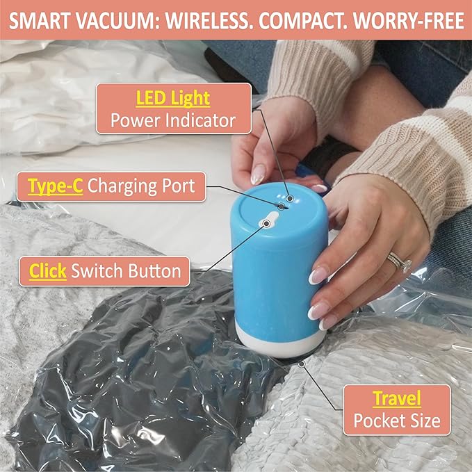 Cozy Essential Travel Vacuum Storage Bags with Rechargeable Cordless Electric Pump, Space Saver Bags for Luggage, Suitcase, Carry-On, for Clothes, Blankets, Comforters, Pillows, 16 Combo