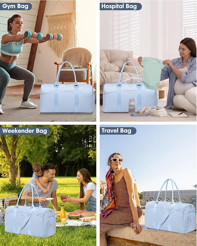Women Weekender Travel Duffle Bag: Travel Duffel Overnight Bags with Shoe Compartment Large Carry on Tote with Toiletry Bag Weekend Traveling Yoga Gym Hospital Bag for Women with Wet Pocket Light Blue