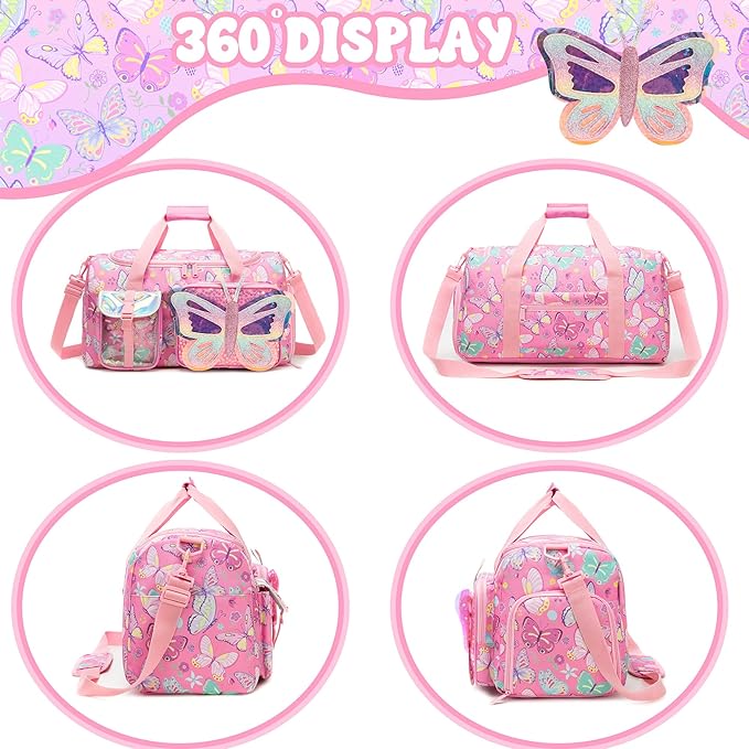 Butterfly Kids Duffle Bag Girls Ballet Dance Bag Overnight Travel Bags for Girls Gymnastics Sports Bags for Kids with Shoe Compartment