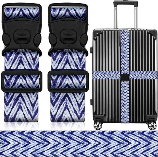 2 Pack Luggage Straps for Suitcases, Adjustable Travel Belt with Double Lock and Quick Release Buckle, Heavy Duty Nylon Bag Packing Strap, Unique Identifiers Business Travel Accessories-Blue Wave