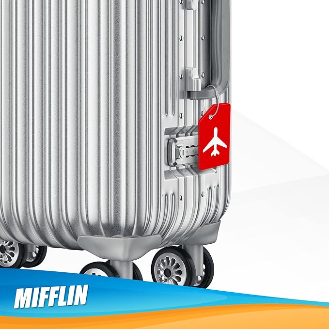 Mifflin-USA Silicone Luggage Tags (Red, 2 Pack) with Plane Embedded Design & Name ID Card; Bright Colors to Quickly Find Your Bag