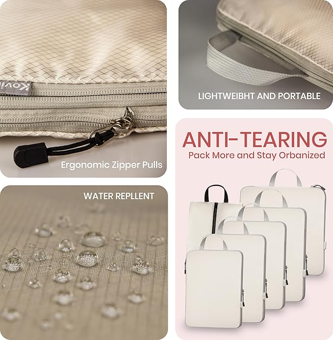 Compression Packing Cubes for Travel, Set of 6 Expandable Luggage Organizers with Shoe Bag, Lightweight Water-Resistant Suitcase Essentials for Carry-on & Checked Luggage, Apricot