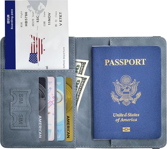 Passport Holder, Passport Cover with Credit Card Slot and Boarding Pass Slot Combo, Passport Wallet Case Book Travel Must Have, RFID Blocking Leather Travel Accessories, Marine Grey