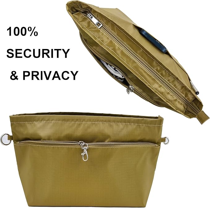 Time Wing Handbag Tote Purse Organizer Insert Bag Liner Shaper Pocketbook Divider Zipper 11 Pockets Compartments Small Khaki Green