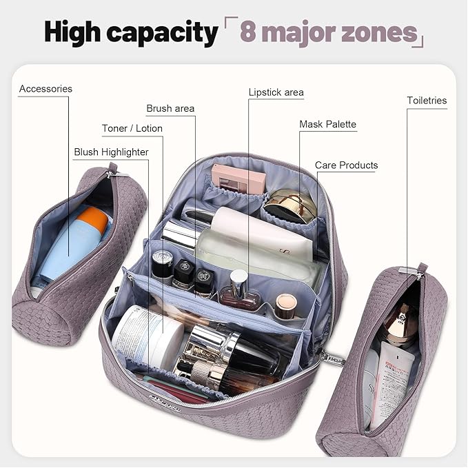 BOYATU Travel Makeup Bag Cosmetic Bags for Women: Large Capacity 3 Pcs Set Make up Bag with Compartments - Waterproof Vegan Leather Toiletry Organizer Bags with Handle (L55Light Purple)