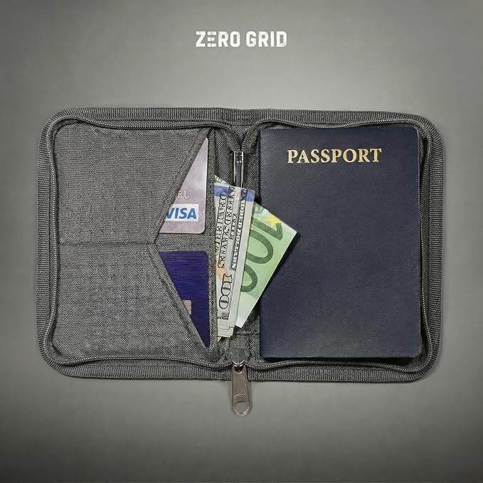 Zero Grid RFID Passport Holder & Travel Wallet, Zippered Wallet for Men & Women, Fits Passport, Cards, Cash, Tickets, ID, Sim Card; Premium & Compact Travel Document Holder - Shadow Grey