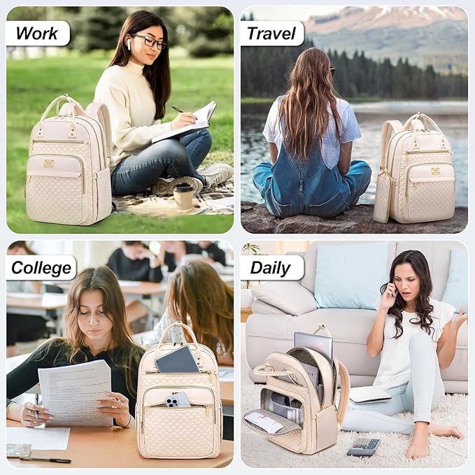 Tealari Laptop Backpack for Women,15.6 Inch Laptop Backpack for Work,Water Resistant Travel Backpack,College Bookbag with Wallet (Beige)