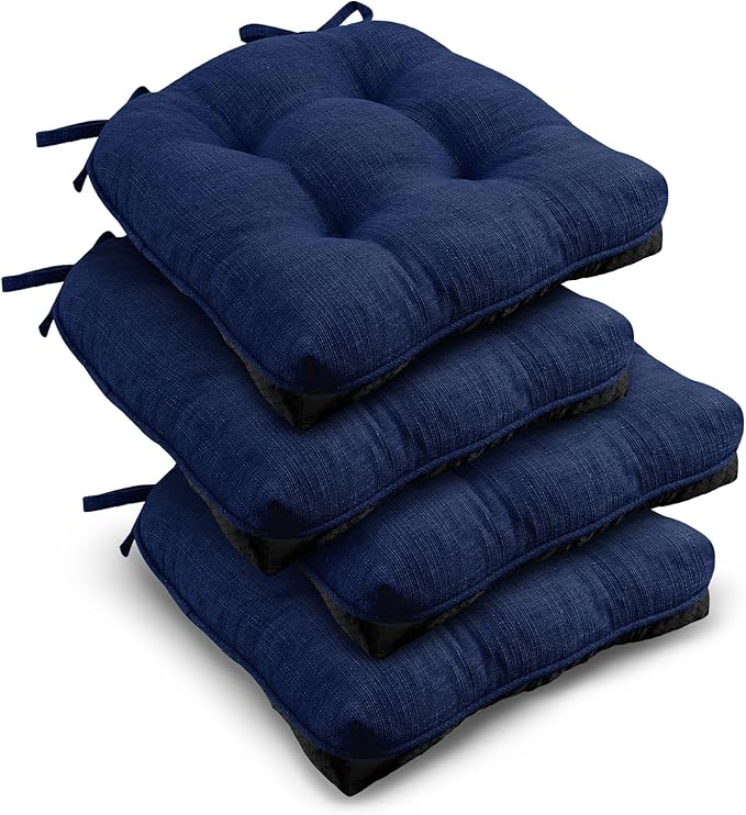 downluxe Indoor Chair Cushions for Dining Chairs, Tufted Overstuffed Textured Kitchen Chair Pads with Ties and Non-Slip Backing, 15.5" x 15.5" x 4", Royal Blue, 4 Pack