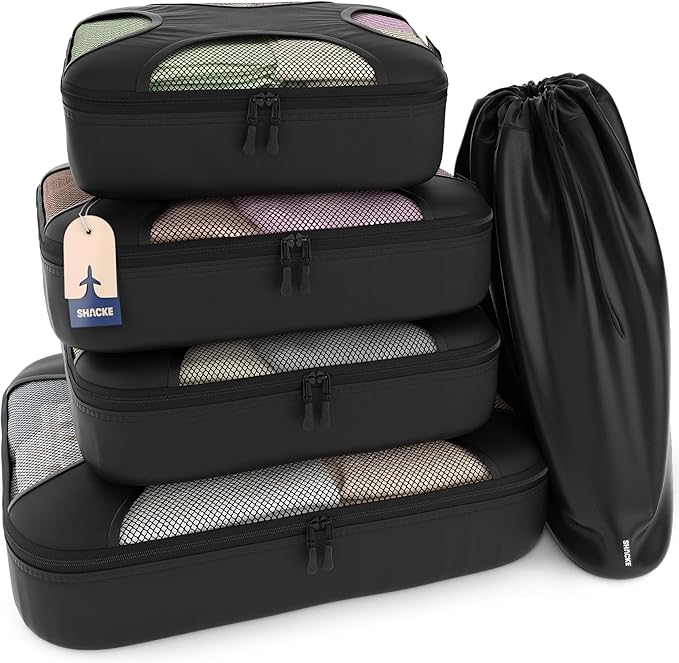 Shacke Packing Cubes for Travel 5 Set - Compression Luggage Organizer Bags - Versatile Travel Organizer for Women and Men - Optimized Packing Bags - Travel Essentials (Pure Black)