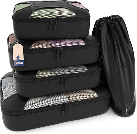 Shacke Packing Cubes for Travel 5 Set - Compression Luggage Organizer Bags - Versatile Travel Organizer for Women and Men - Optimized Packing Bags - Travel Essentials (Pure Black)