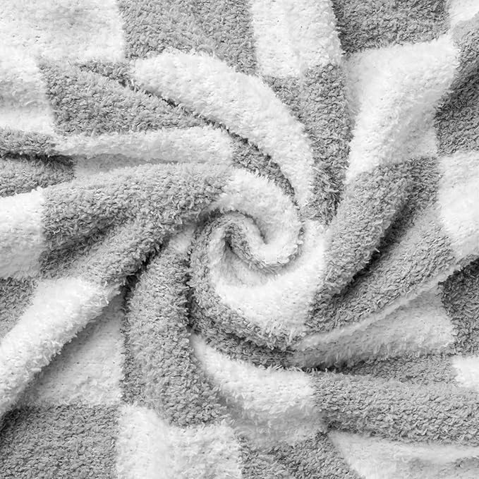 Checkered Throw Blanket, Light Grey Soft Cozy Fluffy Knitted Throw Blankets for Couch, Sofa, Bed, Chair, Warm Fuzzy Travel Picnic Lightweight Plaid Blanket, 60x80 inches