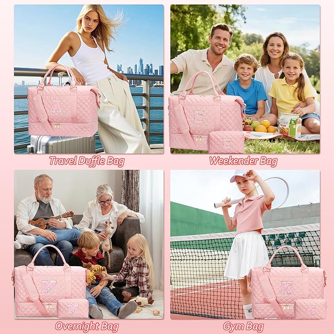 Gifts for Women Girls Initial Travel Duffle Bag Quilted Weekender Carry-On Overnight with Cosmetic Bag, Gym Bag with Shoe Compartment Hospital Bag for Labor Delivery, Pink J