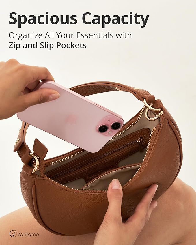 Vantamo Crescent Bags For Women with RFID Protection, Half Moon Clutch Purses for Women with Anti-Theft Clip for Extra Safety
