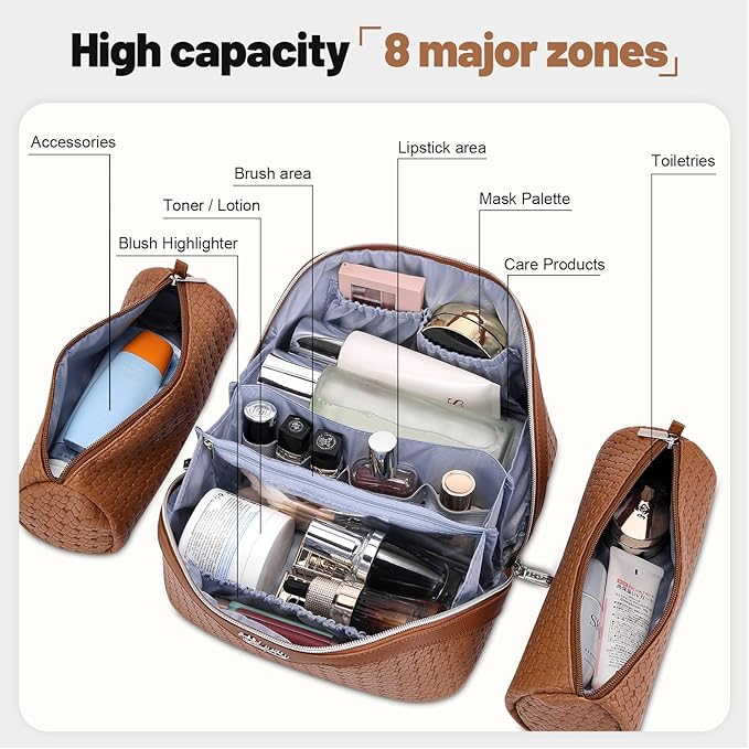 BOYATU Travel Makeup Bag Cosmetic Bags for Women: Large Capacity 3 Pcs Set Make up Bag with Compartments - Waterproof Vegan Leather Toiletry Organizer Bags with Handle (L53Brown)