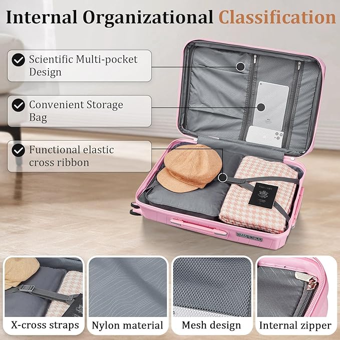 4 Piece Expandable Hardshell Pink Luggage Sets with Spinner Wheels, Lightweight Travel Suitcase Set with TSA Locks, 20 inch Carry On for Women (Pink#C, 4 Piece Set)
