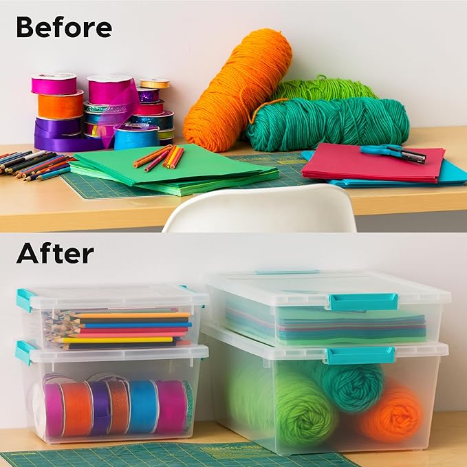 IRIS USA 6 Qt. Craft Storage Bins with Lids, 3-Pack, |Made in USA|, Clip Box, Small Plastic Sensory Bin Tote Organizer Containers for Art Supplies, Paper, & Office, Stackable - Clear/Seafoam Blue