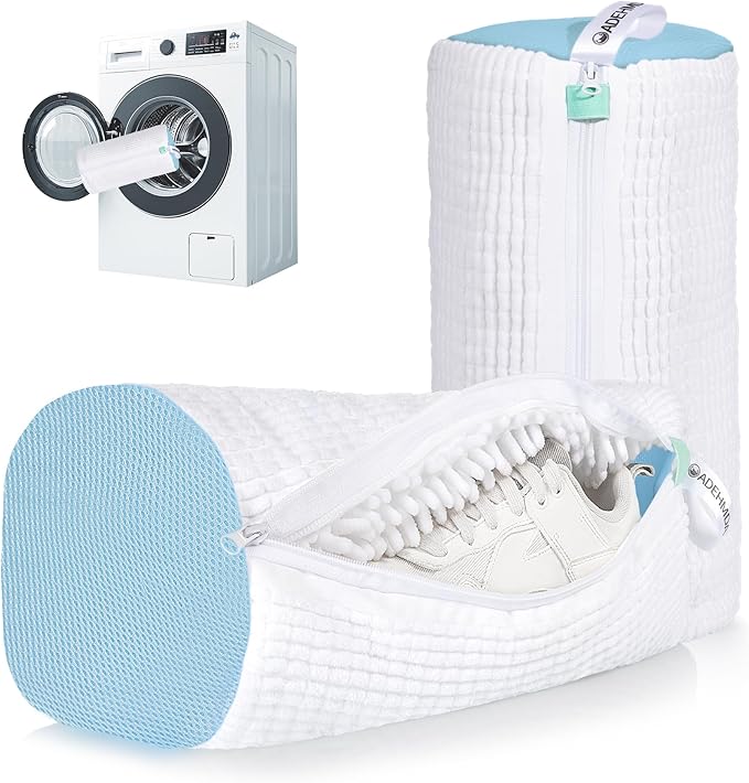 2Pcs Shoe Washing Machine Bag, Sneaker Laundry Bag for Washing Machine, Extra Long and Thick Microfibre Fluff, Reusable for Washer and Dryer (2pcs, White-blue)