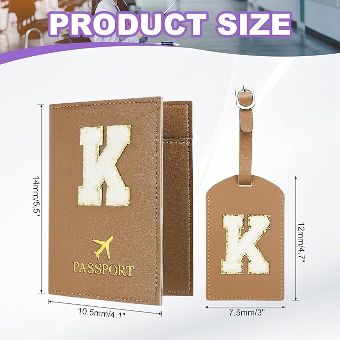 PATIKIL Passport Holder for Travel, Initial Passport Cover and Luggage Tag Set with Alphabet Chenille Letter Patch Travel Wallet Bag Suitcase Identifier for Women Family Travel Brown K