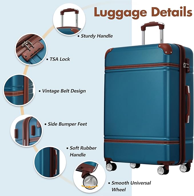 Merax 24 Inch Checked Luggage, Expandable Suitcase with Spinner Wheels, Hard Shell Vintage Luggage Set with TSA Lock(Blue)