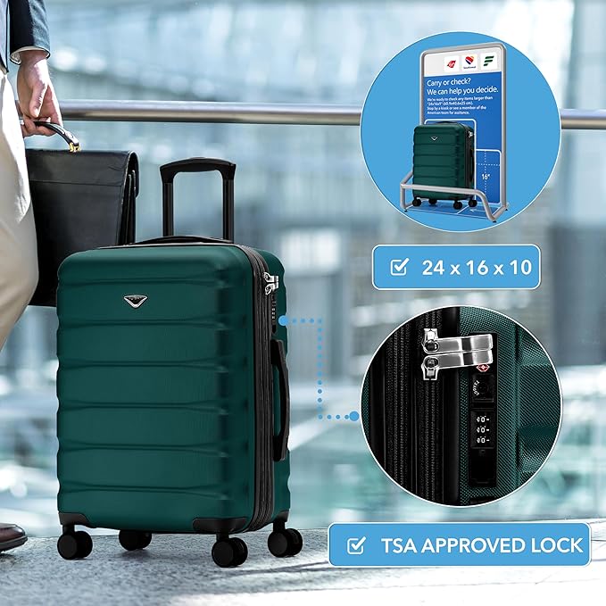 Flight Knight 24x16x10 Expandable Carry On Suitcase Hardside TSA Lock USB C Lightweight Luggage Silent Double Spinner Wheels Maximum Overhead Carry-On Bag Virgin South West Approved Forest Green