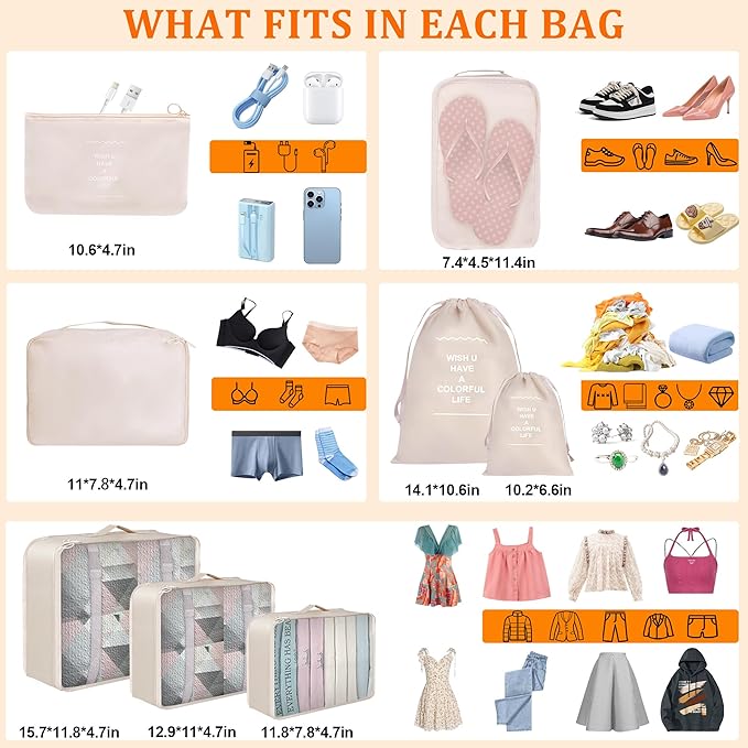 8 Set Packing Cubes for Suitcases, kingdalux Travel Luggage Packing Organizers with Laundry Bag, Compression Storage Shoe Bag, Clothing Underwear Bag, for Man & Women