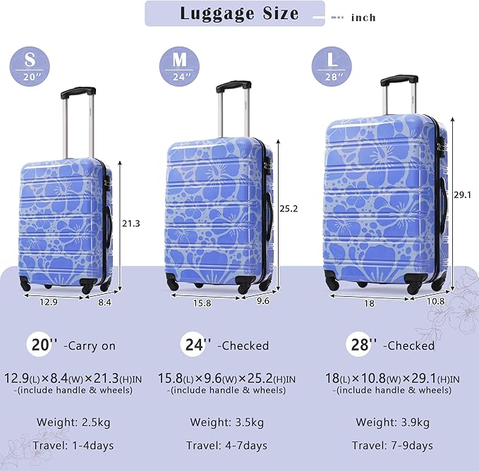 Merax Suitcase Set, Hardshell Luggage Sets 3 Piece with Spinner Wheels, Durable Printing Suitcase with TSA Lock Lightweight 20" 24" 28",Blue