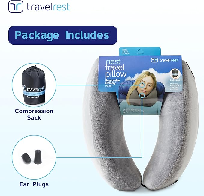TRAVELREST Nest Neck Support Pillow - Travel Essentials, Memory Foam, Compact Travel Pillow for Long Flights, Plane Sleeping Accessories, Comfortable, Compact, Washable, Attaches to Luggage - Gray