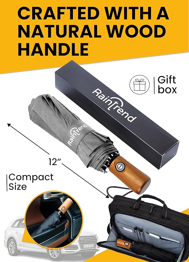 Raintrend Windproof Travel Umbrellas for Rain Automatic +10% Bigger Canopy Strong Frame Compact Folding Portable Umbrella for Women Men Backpack Purse