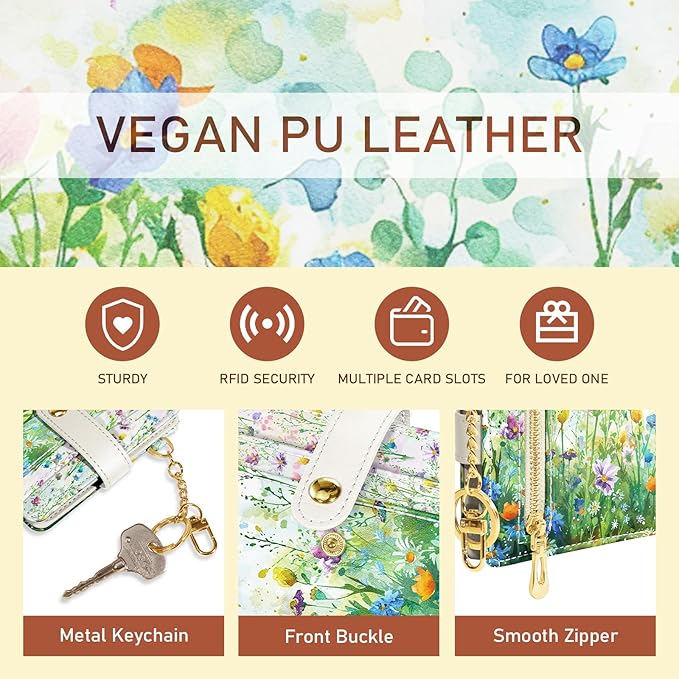 Jogjam Floral Green Rfid Ladies Wallet, Small Slim Thin Compact Credit Card Women Wallet, Spring Flowers PU Leather Bifold Cash Zipper Coin Pocket ID Window for Female