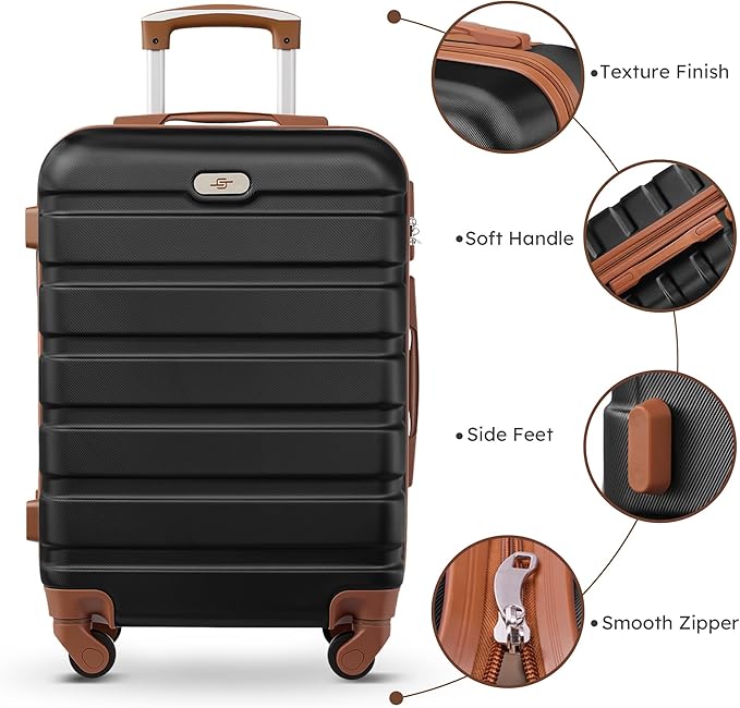 Suitour 4 Piece Luggage Sets, Hard Shell Suitcase Set with Spinner Wheels 16 20 24 28inch Travel Sets(Black Tan)