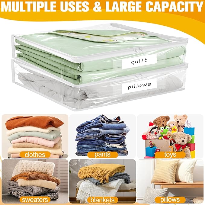 Plastic Storage Bags with Easy-Glide Zipper, Pack of 6, Durable Clear Vinyl Zippered Storage Bags for Clothes Sweaters Comforters Blankets Sheets Bedding (18 x 15 x 4 Inch)