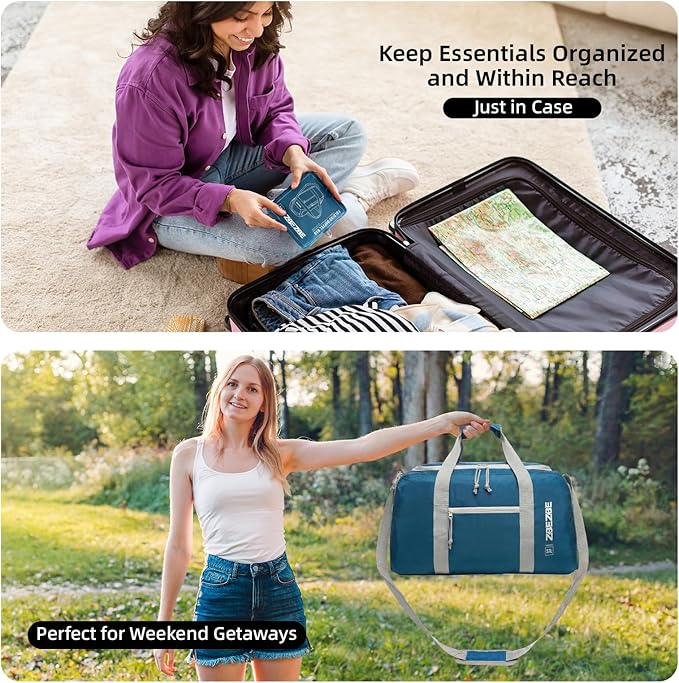 Foldable Travel Duffel Bag, Lightweight & Easy to Carry Water-Repellent Duffle Bag - 2-Way Zipper & Interior Pouch, Ideal for Weekend Trips, Daily Use,Camping，Sports
