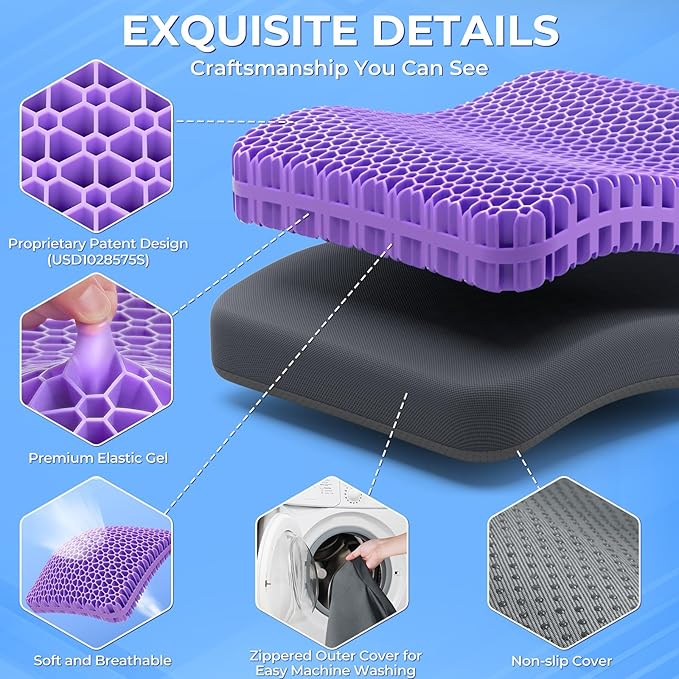 TushGuard Gel Seat Cushion for Long Sitting, Enlarged & Thickened Patent Design Office Chair Seat Cushion, Breathable Cooling Pads for Chairs, Soft Car Cushions for Wheelchair(2" Thick, Grey)