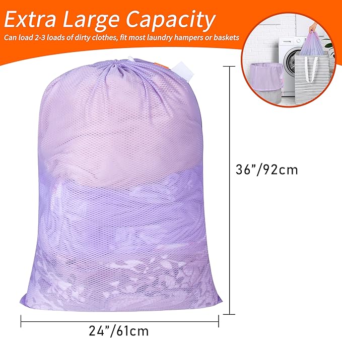 Polecasa Heavy Duty Large Mesh Laundry Bags with ID Tag and Locking Drawstring Closure - 2 Pack, 24 x 36 inches - Laundry Hamper Liner, Washable Laundry Bag for Travel, Sports, Dorms (Purple)