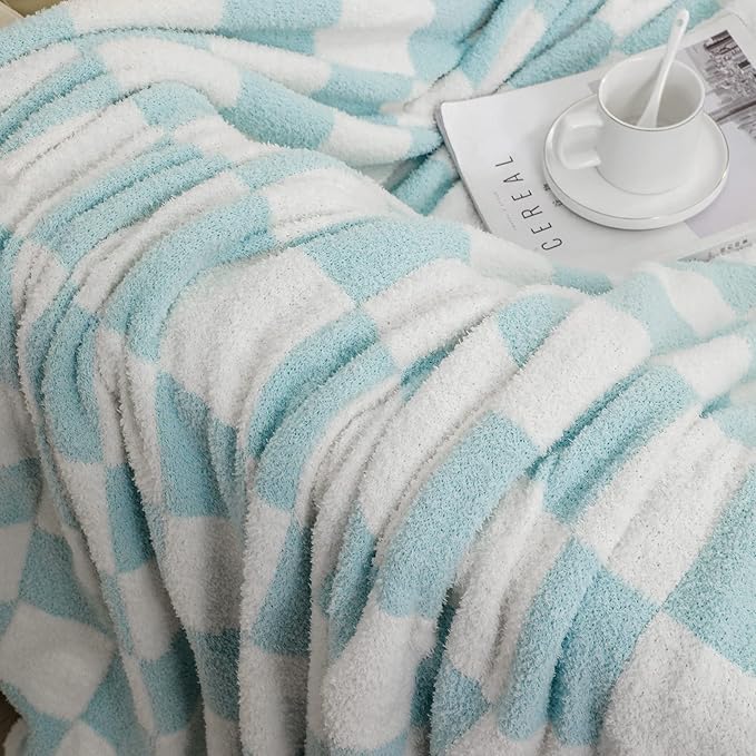 bearberry Fuzzy Checkerboard Grid Throw Blanket Soft Cozy Warm Microfiber All Season Blanket Decor for Couch Sofa Bed Travel Home (Baby Blue, 50''x60'')