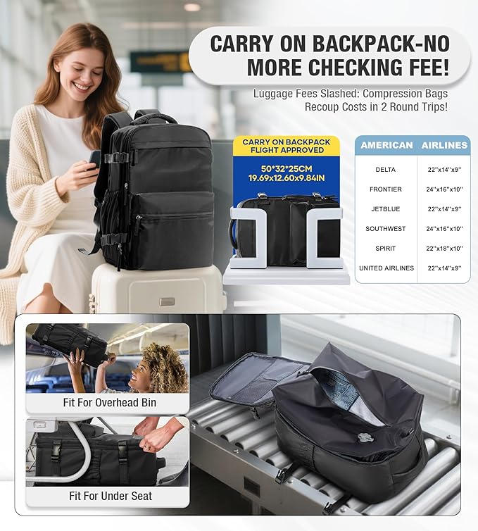VECAVE Vacuum Travel Backpack with Pump for Women, Personal Item Carry on Backpacks Flight Approved for Men,Laptop Waterproof Work Compression bags Casual Daypack(Black)