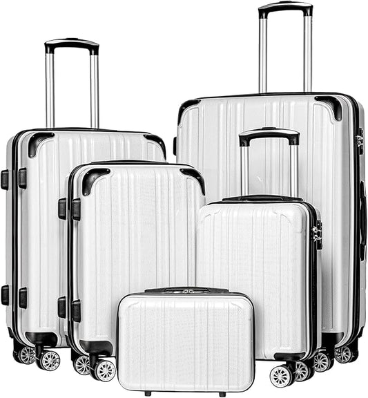 Coolife Luggage Sets, 5 Piece Durable Suitcase, Lightweight Carry on Luggage with PC+ABS Hardshell, Dual Spinner Wheels, TSA Lock and YKK Zipper (white grid new, 5 piece set)