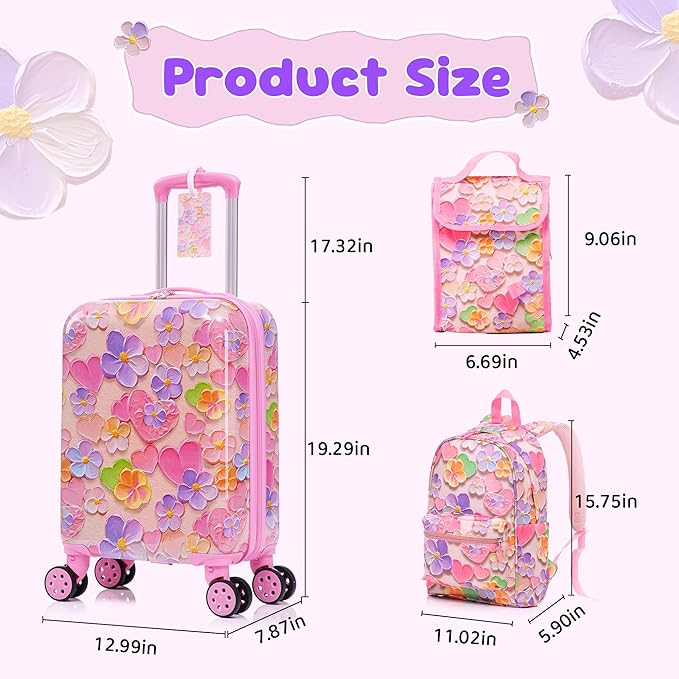 Kid’s Luggage Set 6 Piece Suitcase Set 16’’ Hardside Luggage with Spinner Wheels Girls Boys Carry on Luggage Travel Rolling Luggage Airline Approved