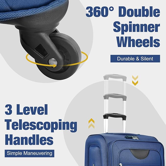 Softside Luggage 3-Piece Set with Duffel Bag, Lightweight Suitcases with Spinner Wheels, TSA Lock & Expandable for Travel, Business Trips, Durable Softshell Travel Luggage Set (Navy Blue)
