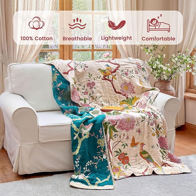 MSGKV The Boho Layer: 50"x60" Cotton Throw Blanket – Lightweight & Reversible Chinoiserie Floral & Bird Pattern, Spring Decorative Accent for Couch Snuggles, Bed Layers & Road Trips