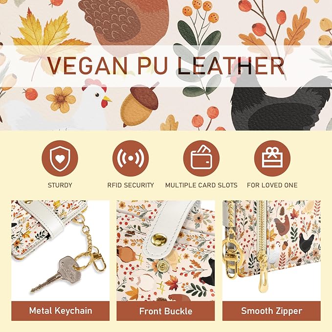 Jogjam Chicken Mushroom Leaves Rfid Women Wallet, Small Slim Thin Compact Credit Card Wallet, PU Leather Bifold Cash Wallet, Zipper Coin Pocket ID Window, Female Ladies Holiday Gifts