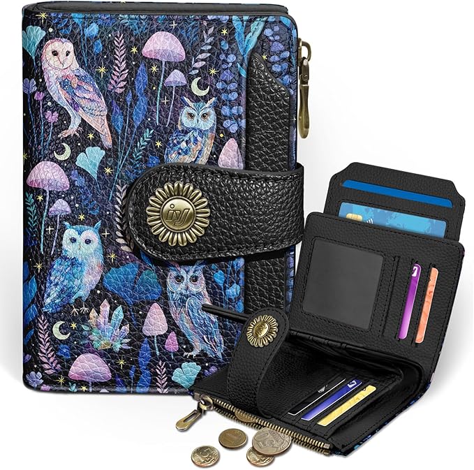Icycay Owl Small Wallet Women RFID Blocking Bifold, Credit Card Holder, Zipper Coin Pocket, PU Leather, Magic, Compact, Travel, 4 ID Window, 14 Card Slots, Cash Purse, Ladies Woman Female Girls