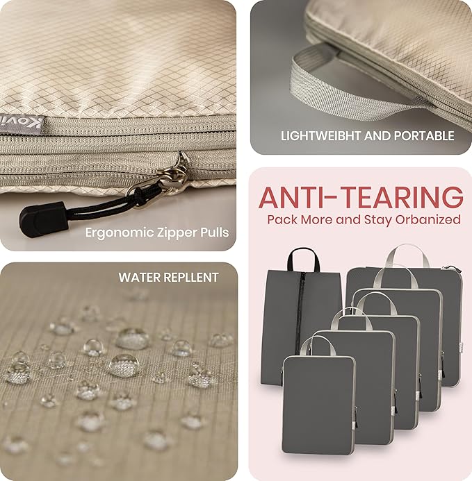 Compression Packing Cubes for Travel, Set of 6 Expandable Luggage Organizers with Shoe Bag, Lightweight Water-Resistant Suitcase Essentials for Carry-on & Checked Luggage, Grey