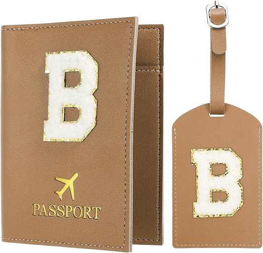 PATIKIL Passport Holder for Travel, Initial Passport Cover and Luggage Tag Set with Alphabet Chenille Letter Patch Travel Wallet Bag Suitcase Identifier for Women Family Travel Brown B